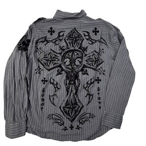 Raw‎ State Button Down Shirt XL Gray Pinstripe Velvet Flocked Cross Gothic Y2K